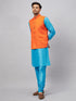 Vastramay Men's Orange Matka Silk Nehru Jacket With Aqua Blue Silk Blend Kurta and Pyjama Set